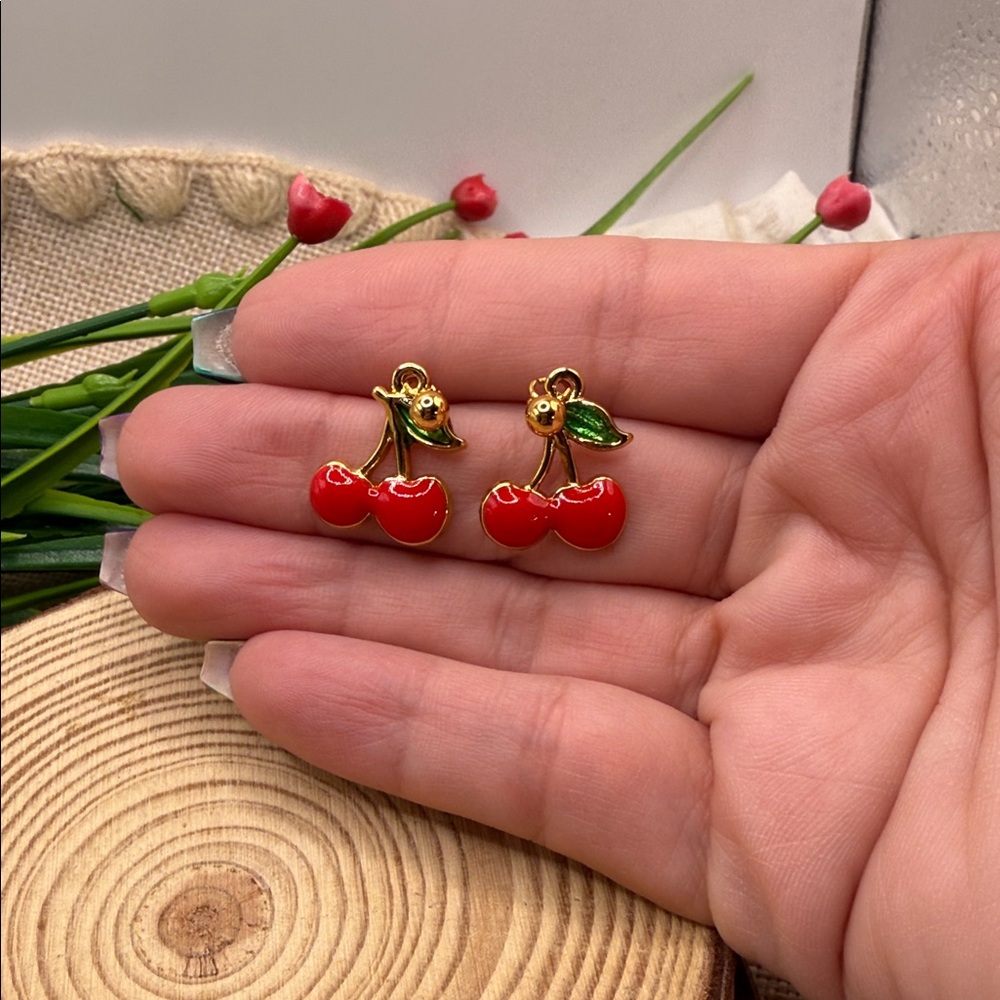 Fine jewelry 316 L steel Cherry Earrings with Gold Accents